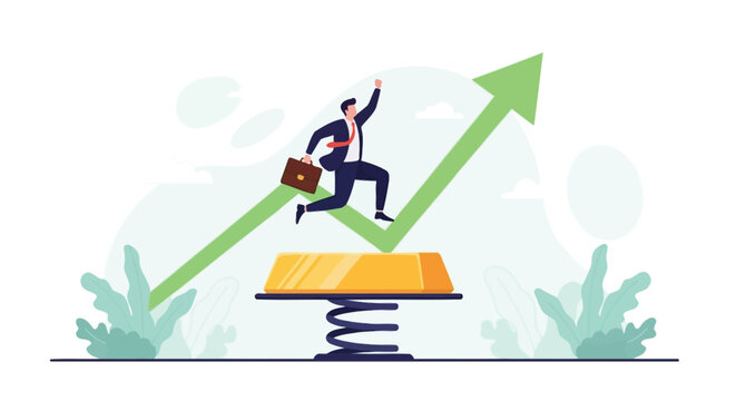 Businessman jumping on springboard with gold ingot, growing arrow in background. concept of successful business growth and career boost.