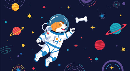 Cute astronaut dog flying in outer space with planets, stars, and bone. funny cartoon character in spaceman suit enjoying adventure. © shamim shamim