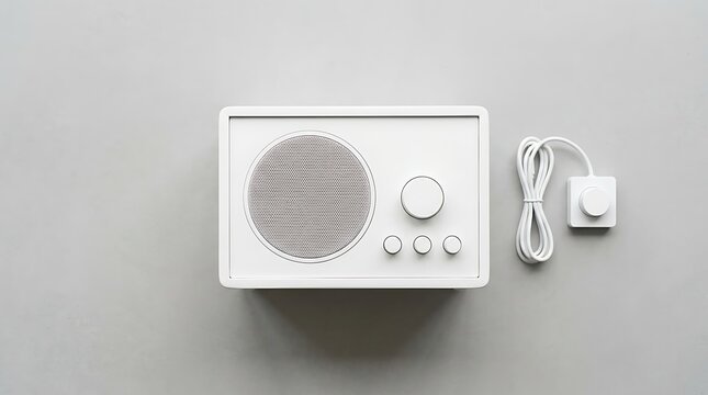 Isolated white retro radio receiver with circular speaker grille and volume knobs for audio technology and music equipment
