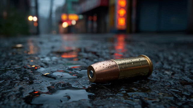 Close up bullet casing on wet asphalt in rain with blurred city light, moody urban scene and shallow focus