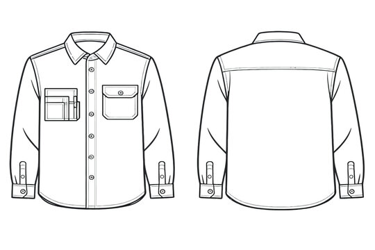 Vintage Inspired Workwear Shirt Vector   Utility Pocket Technical Flat Sketch Front and Back Apparel Mockup Design