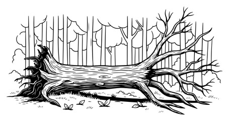 Fallen tree trunk with roots in a forest clearing engraving style © Logan