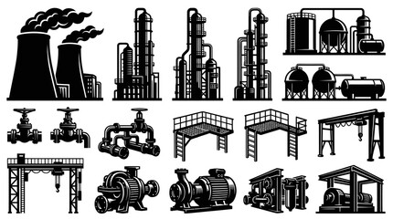 Obraz premium Industrial Factory Plant Equipment Icons Set - Oil Gas Energy Production and Manufacturing Monochrome Vector Glyphs