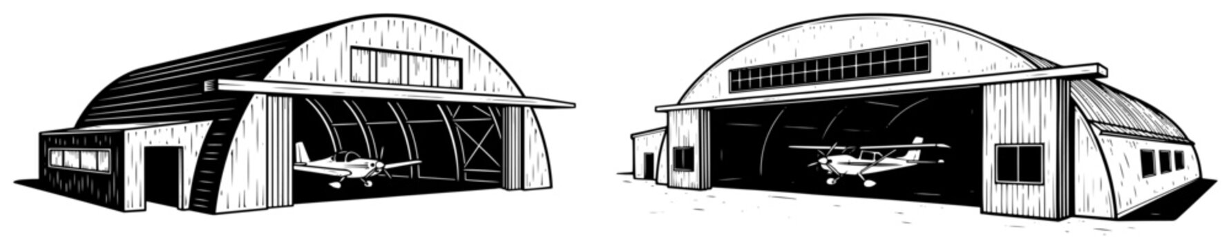 Airport airplane hangars with small propeller planes in vintage engraving style