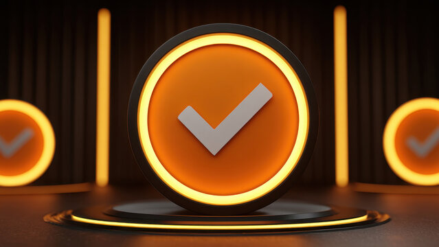Digital trust symbol online certification approval sign orange icon glowing circle check mark technology background secure badge verification icon digital seal
