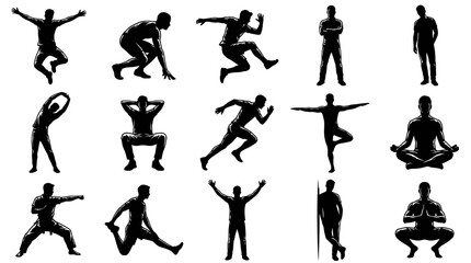 Fototapeta premium Fitness and Sport: Black and White Vector Silhouettes of Men in Various Exercise, Yoga, and Athletic Poses