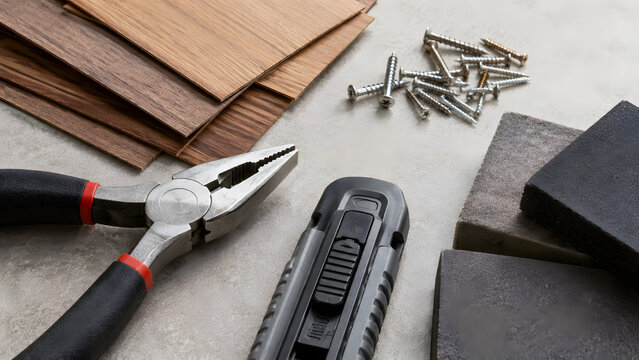 Home Repair Tools and Wood Samples on Neutral Workbench
