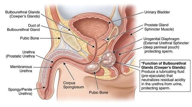 Bulbourethral (Cowper&rsquo;s) Glands and Male Pelvic Floor: Sagittal Section Demonstrating Urethra Segments, External Urethral Sphincter, Prostate, Spongy Penis, Pubic Bone and Role of Bulbourethral Glands