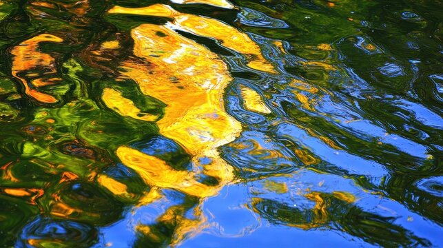 Vibrant toxic algae bloom creating colorful abstract patterns on a pond's surface with reflections of nature