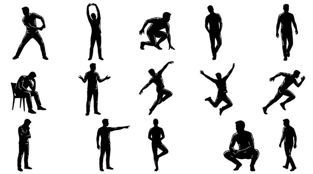 Black and White Silhouettes of Men in Various Poses, Sports, and Actions