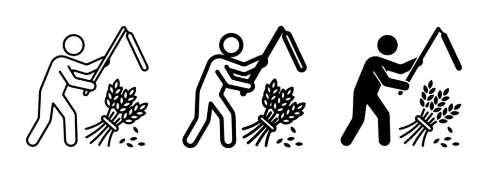 Agricultural Harvest Icons: Farmer Threshing Wheat with Scythe, Rural Farming Process, Grain Separation, Simple Line Art & Silhouette Graphics