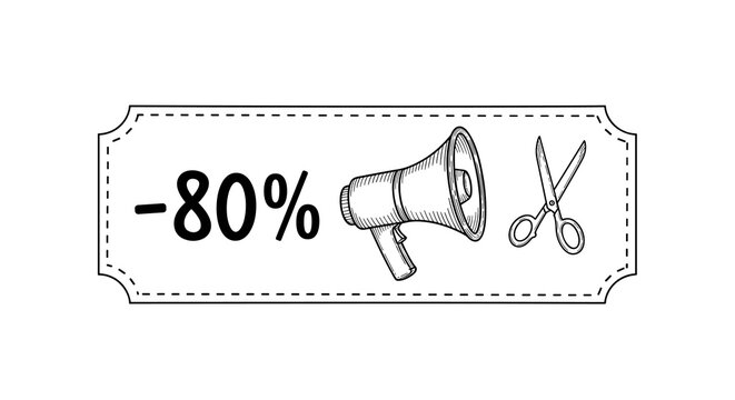Discount coupon design with -80% text, megaphone and scissors icons, representing special offer, sale announcement, and promotion, isolated on white