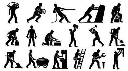 Fototapeta premium Black and white illustration of construction workers performing various tasks