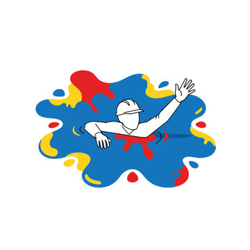Man in hard hat swimming in rough colorful water, danger at work, safety first, accident prevention, drowning risk, splash hazard, water safety icon
