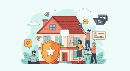 Naklejka premium Home security and real estate insurance concept with protective shield, people inspecting property for risk assessment, safety maintenance and