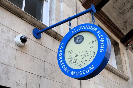 The sign for the Alexander Fleming Laboratory Museum. The museum is located at St. Mary's Hospital on Praed Street in Paddington.