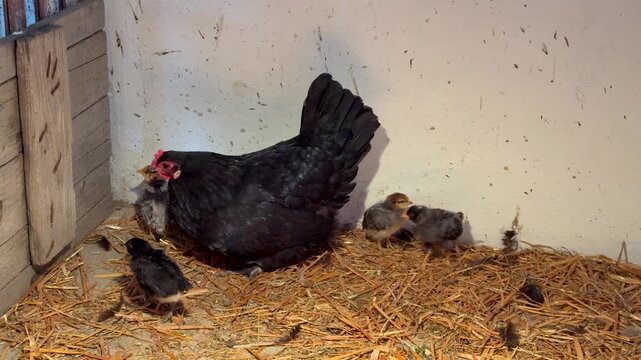 Mother hen with small chicks inside a rustic chicken coop on a countryside farm, surrounded by straw and natural rural atmosphere.
