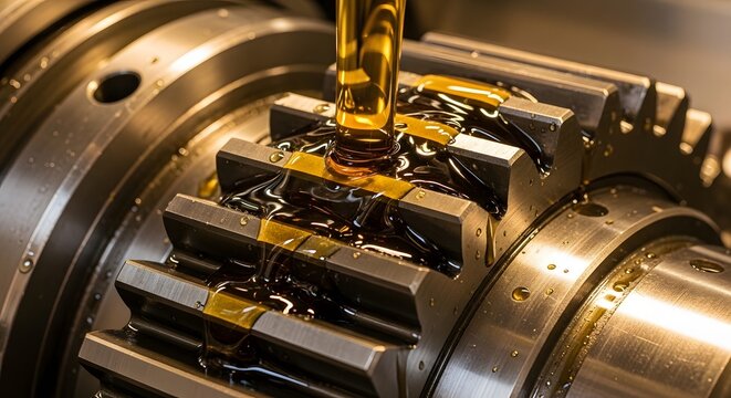Close up view of industrial metal gears being lubricated by a continuous stream of golden machine oil.