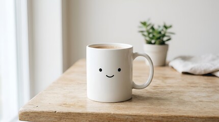 Fototapeta premium Smiling Coffee Mug on Wooden Tabletop with Houseplant