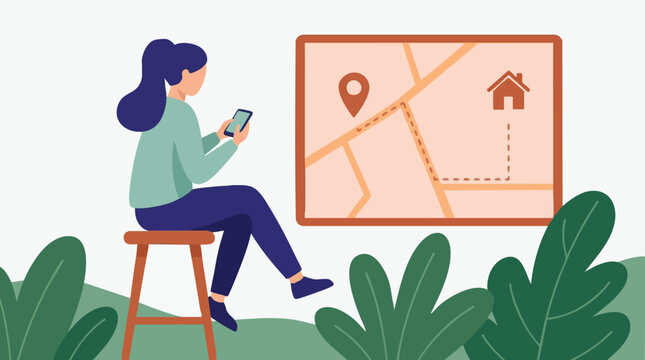 Woman using a smartphone with a navigation map displaying a route home