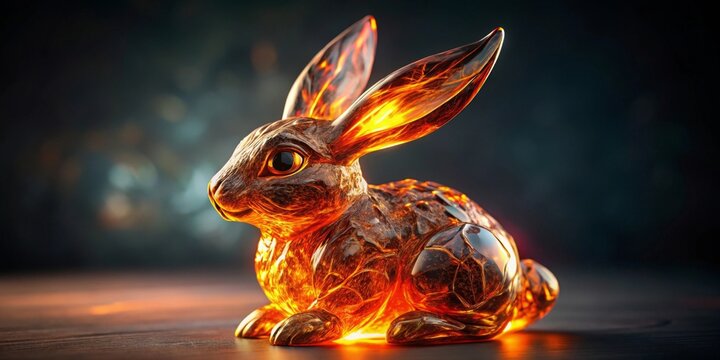 Intricate Amber Rabbit Figurine Glowing with Inner Light on Dark Surface
