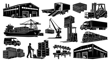 Obraz premium Industrial Logistics Transportation Icons Set - Black White Silhouette Vector Collection