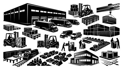 Obraz premium Logistics and Warehousing Black White Line Art Icons: Supply Chain, Trucks, Forklifts, Containers, Cargo