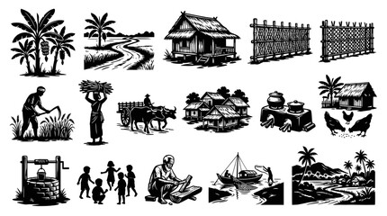 Fototapeta premium Black White Line Art Vector Illustrations Set of Traditional Rural Life, Farming, and Asian Village Culture