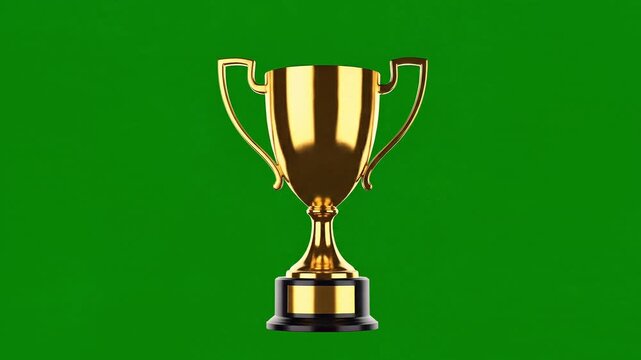 Shiny golden trophy rising up against green screen background symbolizing success victory and achievement