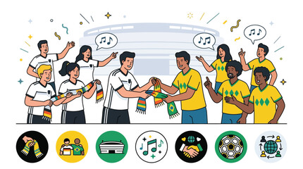 Fototapeta premium Clean flat vector illustration of diverse football fans from different nations exchanging scarves outside a stadium, representing sportsmanship, fair play, and global fan unity.