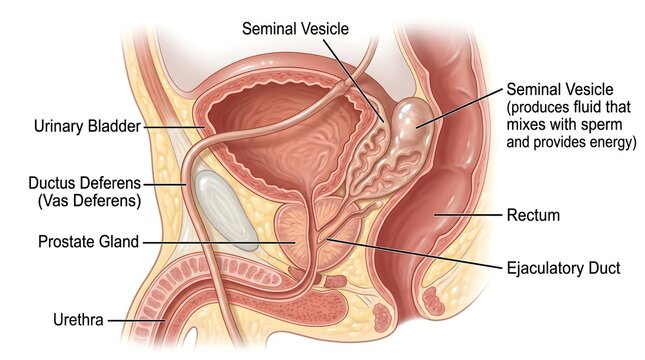 Pelvic Anatomy of Vas Deferens and Seminal Vesicle: Sagittal Section Showing Urinary Bladder, Prostate Gland, Ductus Deferens, Seminal Vesicle Producing Nutrient Fluid, Rectum, Ejaculatory Duct and Ur