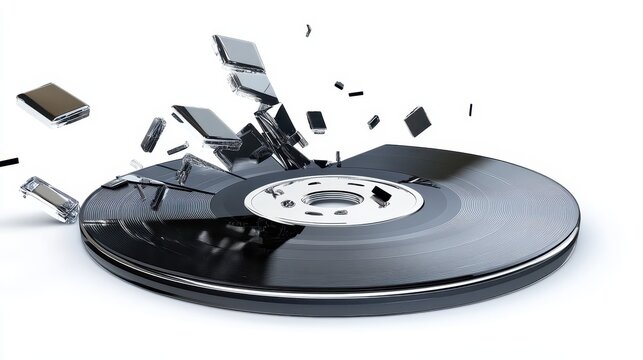 Shattered vinyl record with data fragments exploding outwards