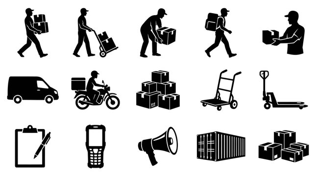 Logistics and Delivery Black  White Glyph Icons Set - Shipping, Courier, Transport, and Warehouse Symbols