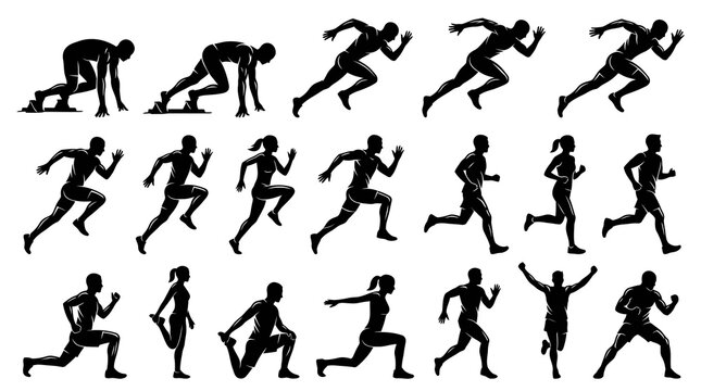 Running Silhouettes: Athletes in Motion, Sprinting, Poses, Sports Vector Art