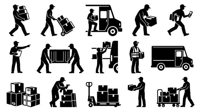Black and White Delivery Service Icons: Movers, Trucks, Boxes, Logistics