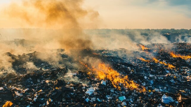 Wildfire engulfs a vast expanse of landfill waste, spewing thick smoke into the atmospheric sky during soft light