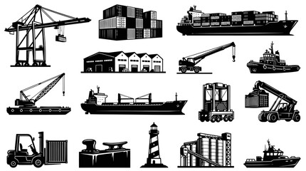 Obraz premium Logistics and Shipping Port Icons Set. Freight Cargo Transportation and Maritime Elements in Black and White Silhouette Style.