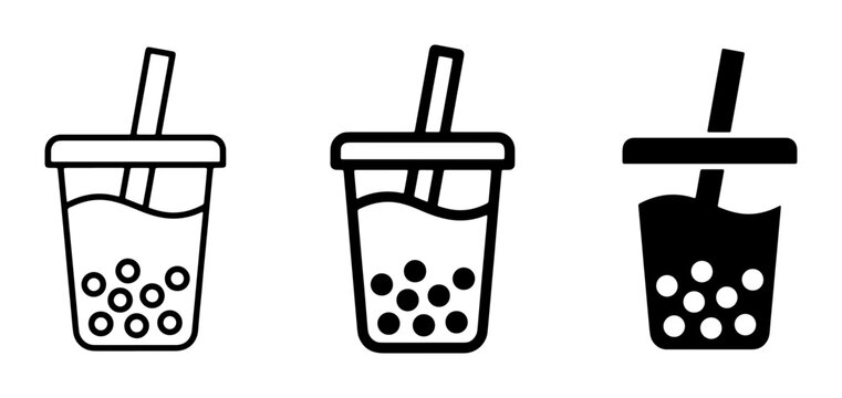 Bubble Tea Icons Set, Boba Drink Vector Graphics, Sweet Beverage Collection, Minimalist Tea Cups with Straws and Tapioca Pearls