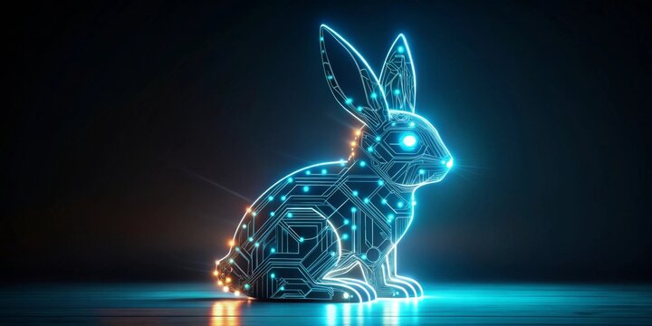 Illuminated Circuitry Rabbit A Digital Artistic Rendering of a Hare Constructed from Glowing Lines and Nodes on a Dark Surface