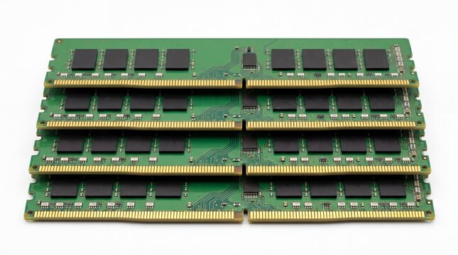 A stack of computer random access memory modules for a desktop pc on white background