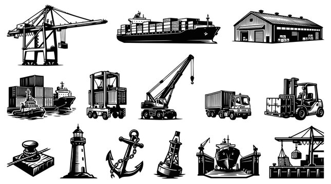Shipping  Logistics Vector Icons Set: Black  White Vintage Engraving Style Port  Maritime Elements