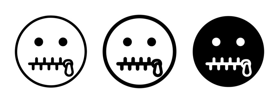 Silence Emoji Icons, Zipped Mouth Smiley Faces, Discreet Communication Symbols, Vector Graphics Set