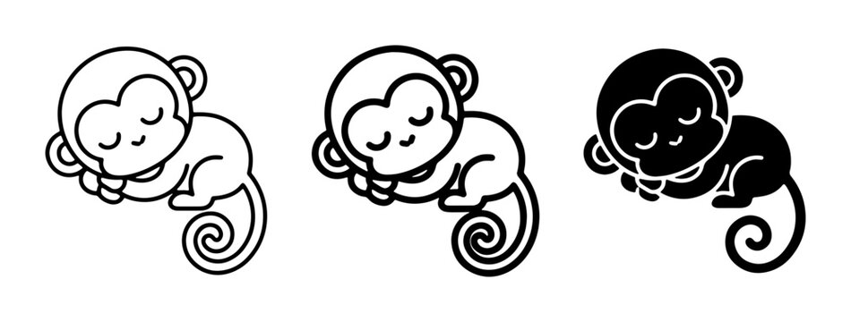 Sleeping Monkey Icons: Cute Baby Primate Vector Art, Simple Line Drawings and Silhouette for Wildlife, Zoo, and Nursery Themes