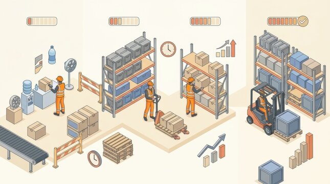 Workers engage in tasks within a warehouse setting while following a safety acclimatization schedule and using appropriate logistics equipment.
