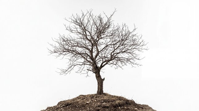 Bare deciduous tree with intricate branches stands alone on a small mound on white background