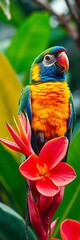 Obraz premium A vibrant parrot with colorful plumage perched on a tropical flower, showcasing biodiversity, bird, perched