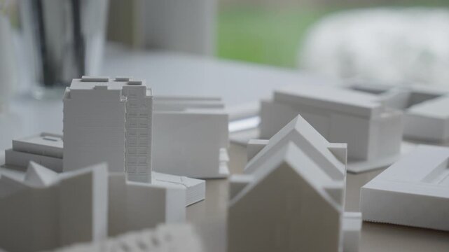 A detailed look at white scale models used for urban planning and residential design projects.