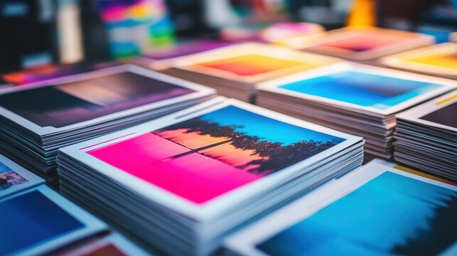 Vibrant color swatches and proofed prints neatly arranged for professional graphic design and print production