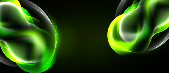 Naklejka premium Abstract swirls, vibrant green hues, dark background. Smooth shapes suggest motion, energy, modern design elements.