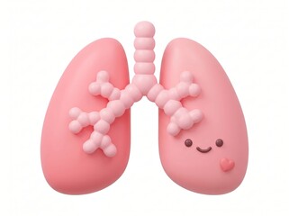 Fototapeta premium Cute 3D Render of Healthy Human Lungs with a Friendly Face and Heart, Symbolizing Respiratory Wellness and Care on a White Background